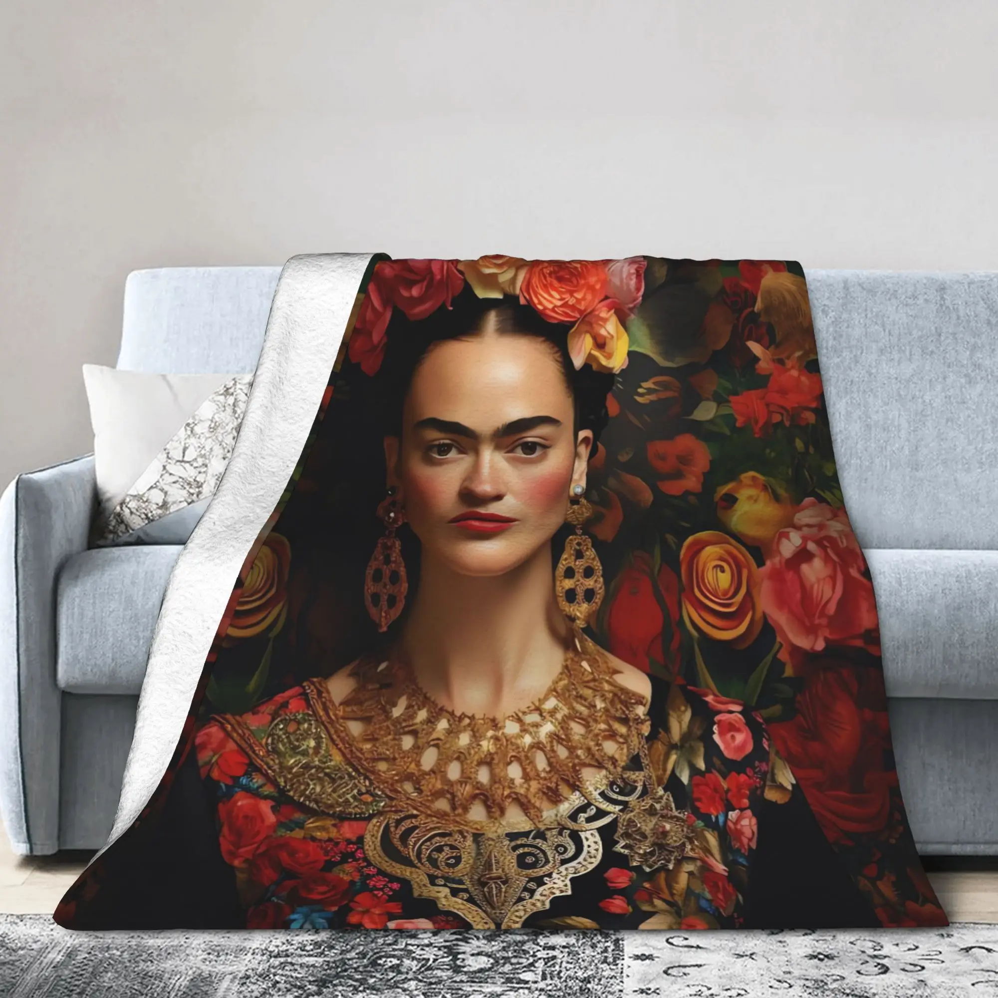 F-Frida K-Kahlo Flower Print Blanket  Picnic Flannel Throw Blanket For Bedroom Warm Soft Custom DIY Quality Bedspread Gift