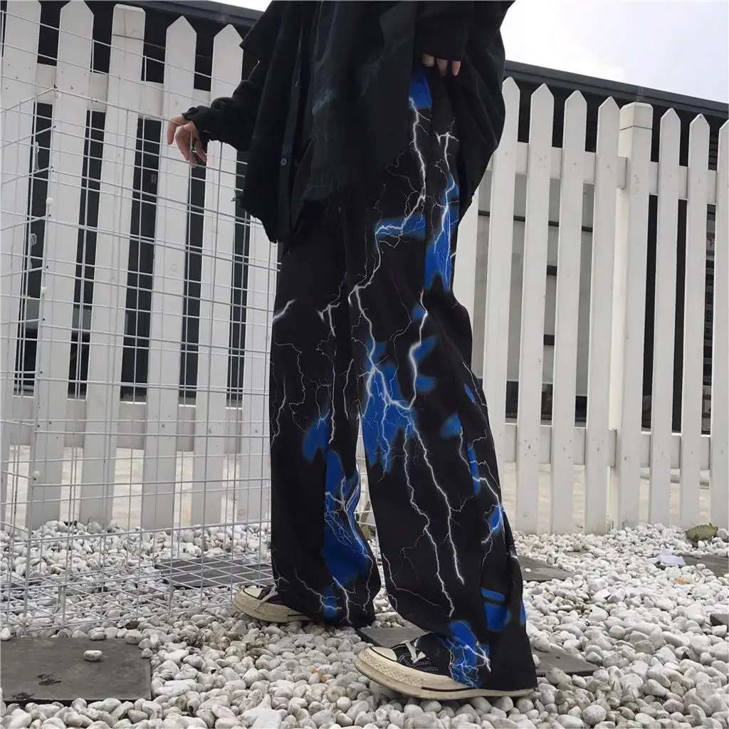 

Retro Y2K Women's Harajuku Street Sle Casual Pants with Lightning Pattern High Waist Trousers for Ladies