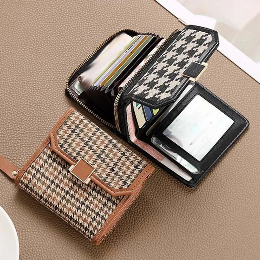 Multi-Card Slot 2 In 1 Kaart Tas Pu Lederen Koreaanse Stijl Houndstooth Korte Portemonnee Kaarthouder Clutch Tas Rits Portemonnee Munt Vrouw