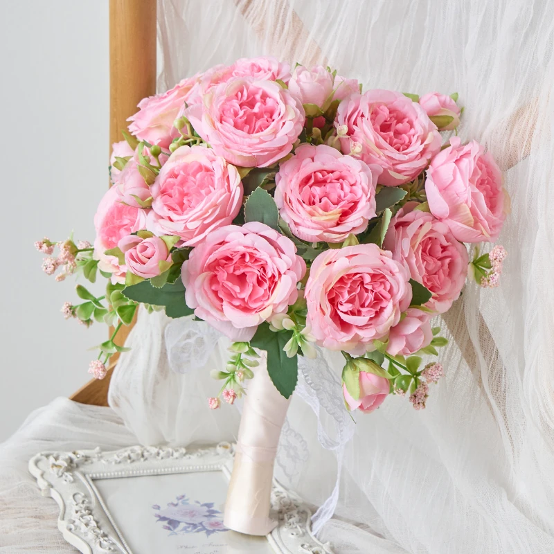 Hot Selling 30cm Rose Pink Silk Bouquet Peony Artificial Flower 5 Big Head 4 Small Bud Bride Wedding Home Decoration