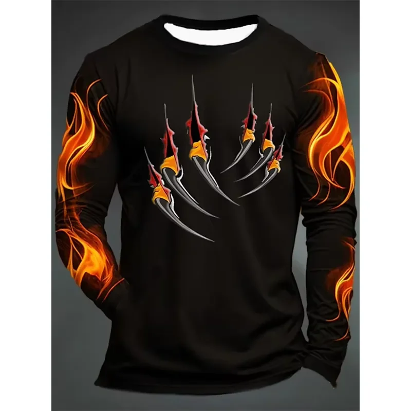 3D Printed Casual Long Sleeve 3D Printed Flame Scratch Pattern Men Crew Neck T Shirt Autumn Oversized Pullover Fashion Tops
