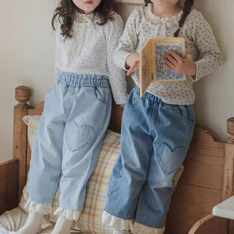 2026 Spring New Girls Jeans Children Casual Pants Infant Clothes Baby Girl Heart Pocket Trousers Toddler Cute Lace Denim Pants