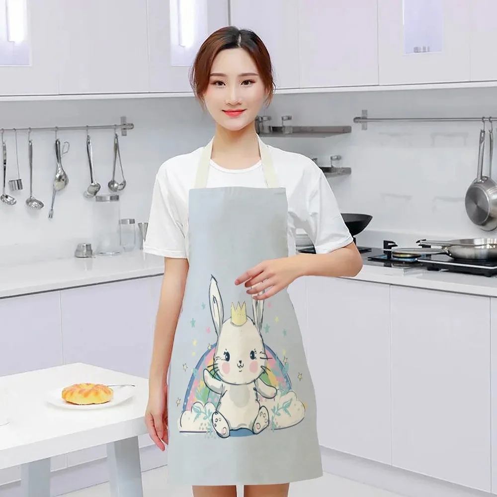 Rabbit Pattern Cleaning Art Aprons Home Cooking Cute Rabbits Kitchen Apron Cook Wear Cotton Linen Adult Bibs 55x68cm