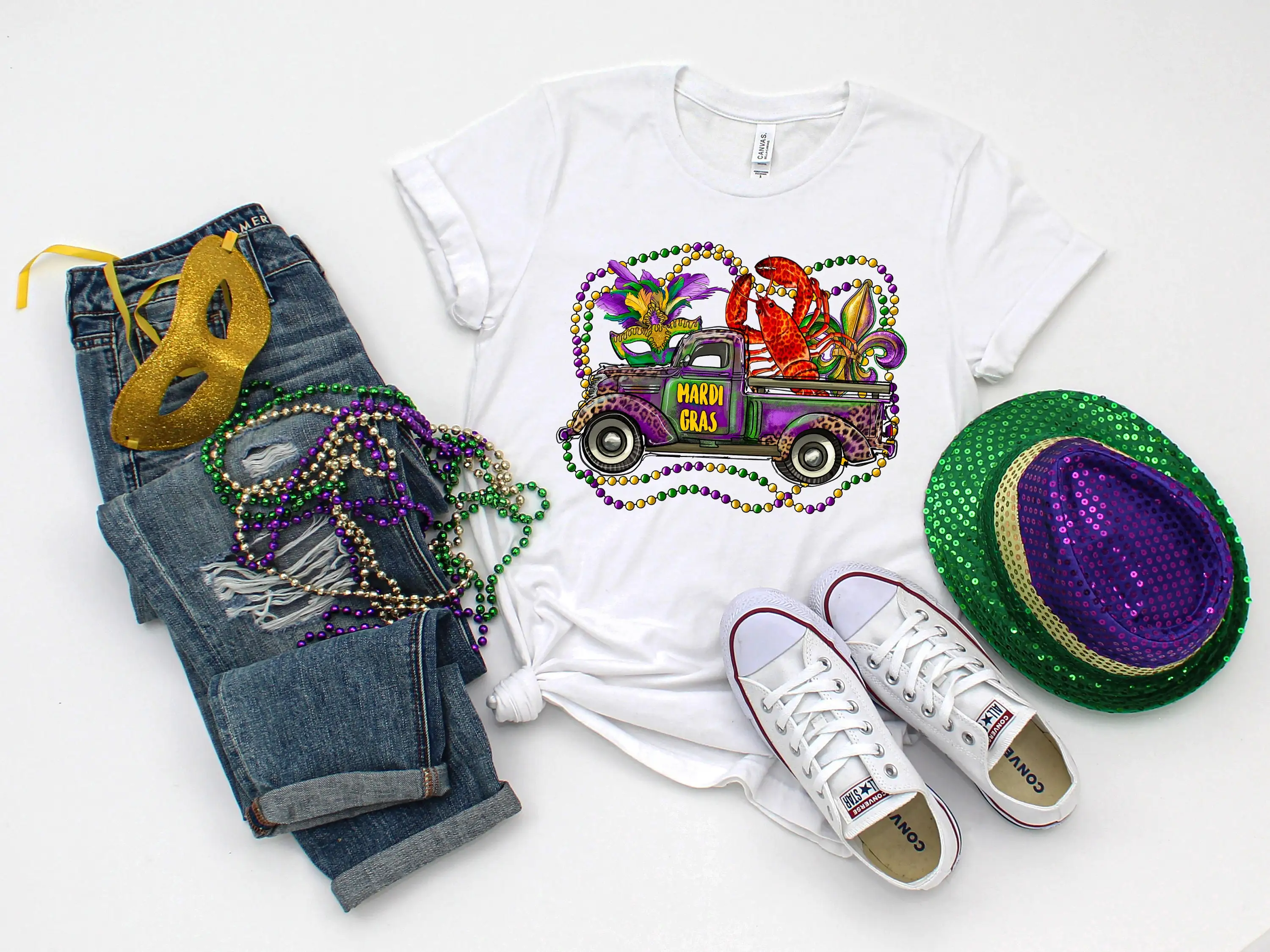 Mardi Grass Truck T Shirt Crawfish Saints New Orleans Fleur De Lis