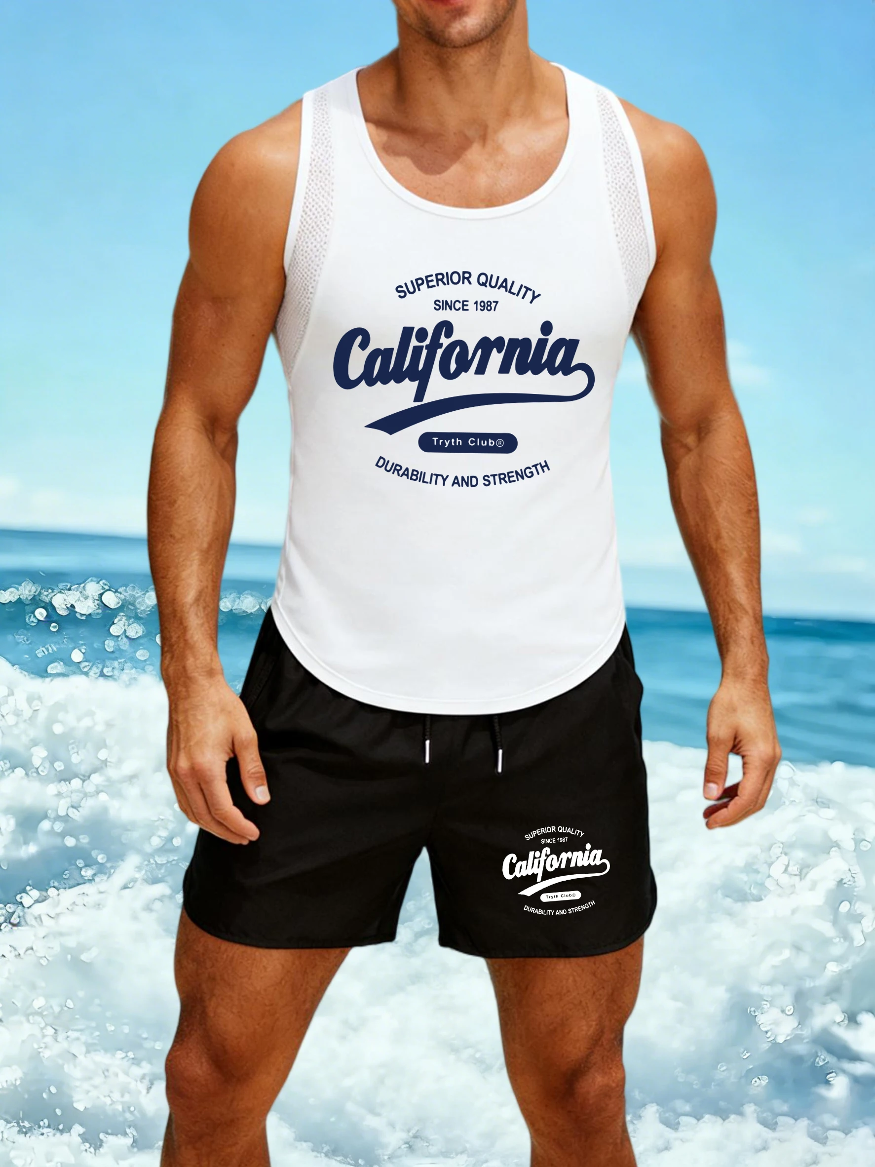 

Superior Quality Since 1987 California Men Reticular Vest Set Breathable Shorts O-Neck Streetwear Fashion Summer Male Sportset