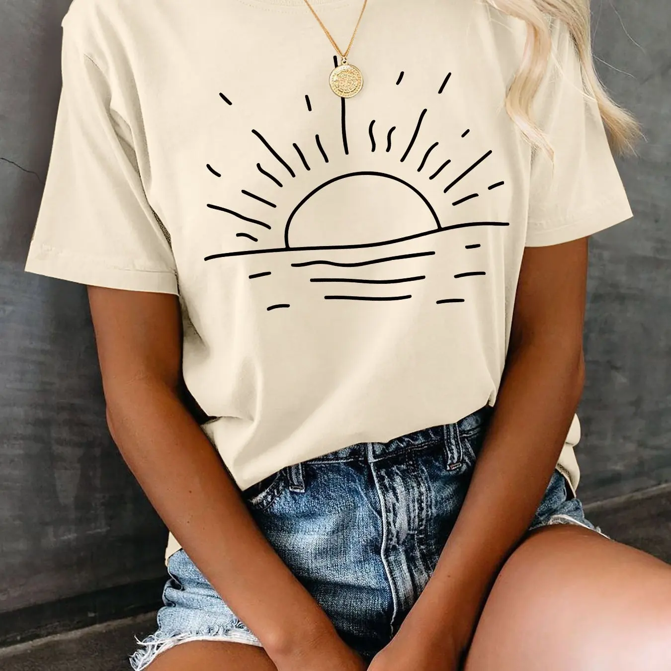 

Plus - Size Women's Fashion T - shirt, Beige, Minimalist Sunset Graphic, Unique Look