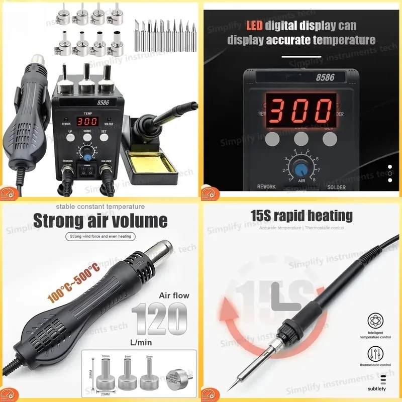 2 in 1 Soldering Station with LCD Digital Display for BGA Rework SMD PCB IC Repair Welding Iron Kit 8586 Soldering Tools for