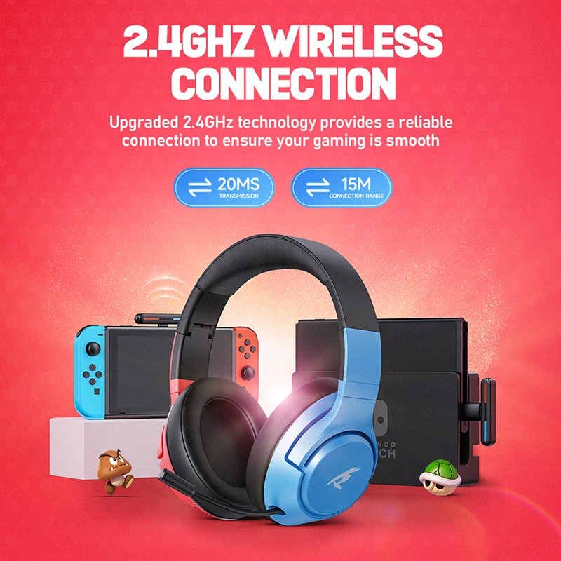 CINPUSEN Wireless Gaming Headset, 3-Mode 25ms Low Latency, 80H Playtime, Protein Earcups for Nintendo Switch