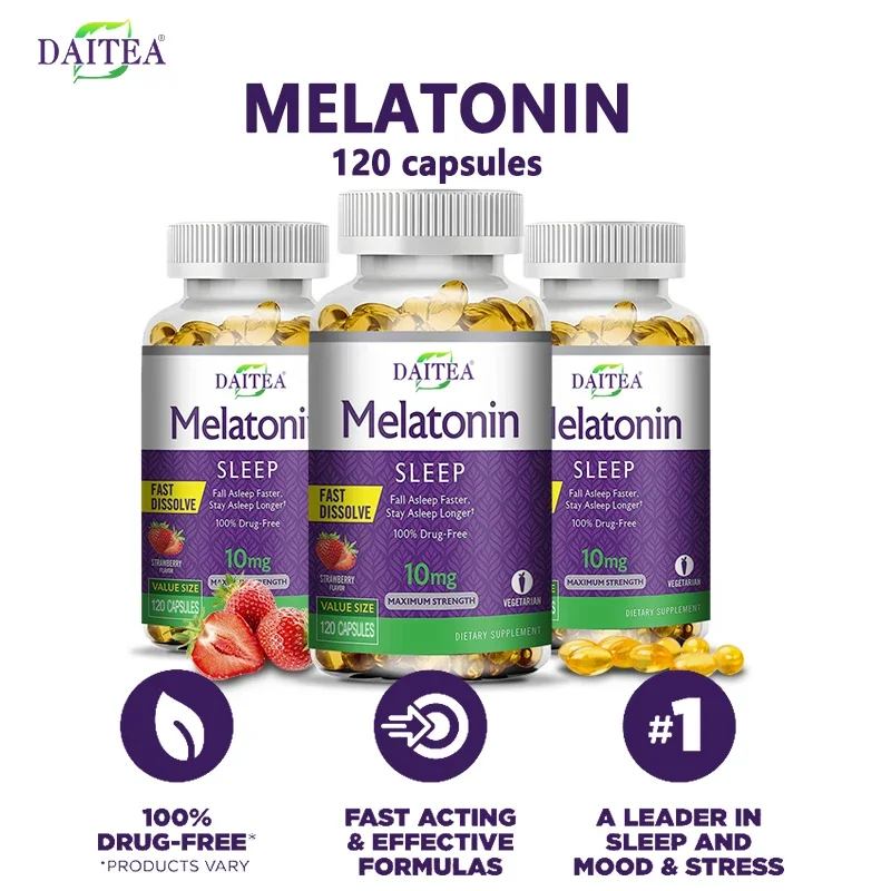 Daitea Melatonin 10mg, Sleep Dietary Supplement, 120 Strawberry Flavored Capsules, Contains Melatonin - Healthy Sleep