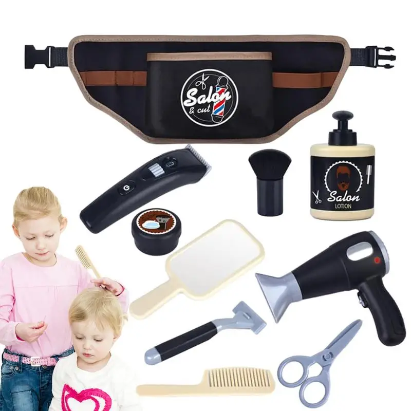 10pcs Kids Beauty Salon Set, Pretend Play Hair Cutting Kit, Hairdresser Toy With Hair Dryer Scissors And Hairdressing Waist Bag