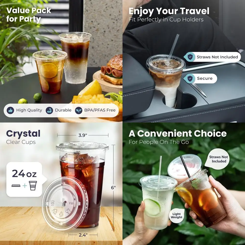 

24 oz Clear Plastic Cups with Lids, Disposable for Iced Coffee, Smoothies, Parties, and Cold Beverages