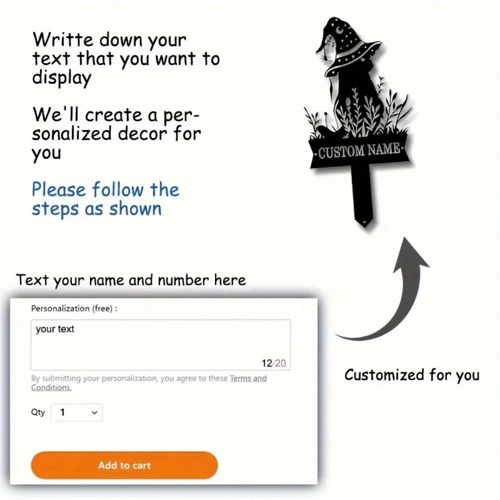 Charming Personalized Witch Cat Garden Stake with Hat Tailorable Metal Yard Sign Perfect for Halloween and Outdoor Ambiance