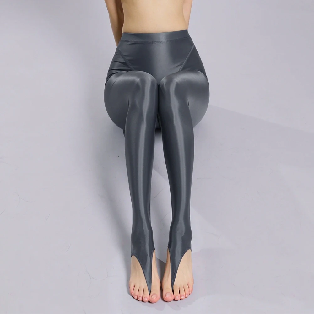 Women High Waist Stain Smooth Elastic Pants Sheer See Through Fashion Tights Silk Pencil Pant Oil Glossy Yoga Shaping Leggings