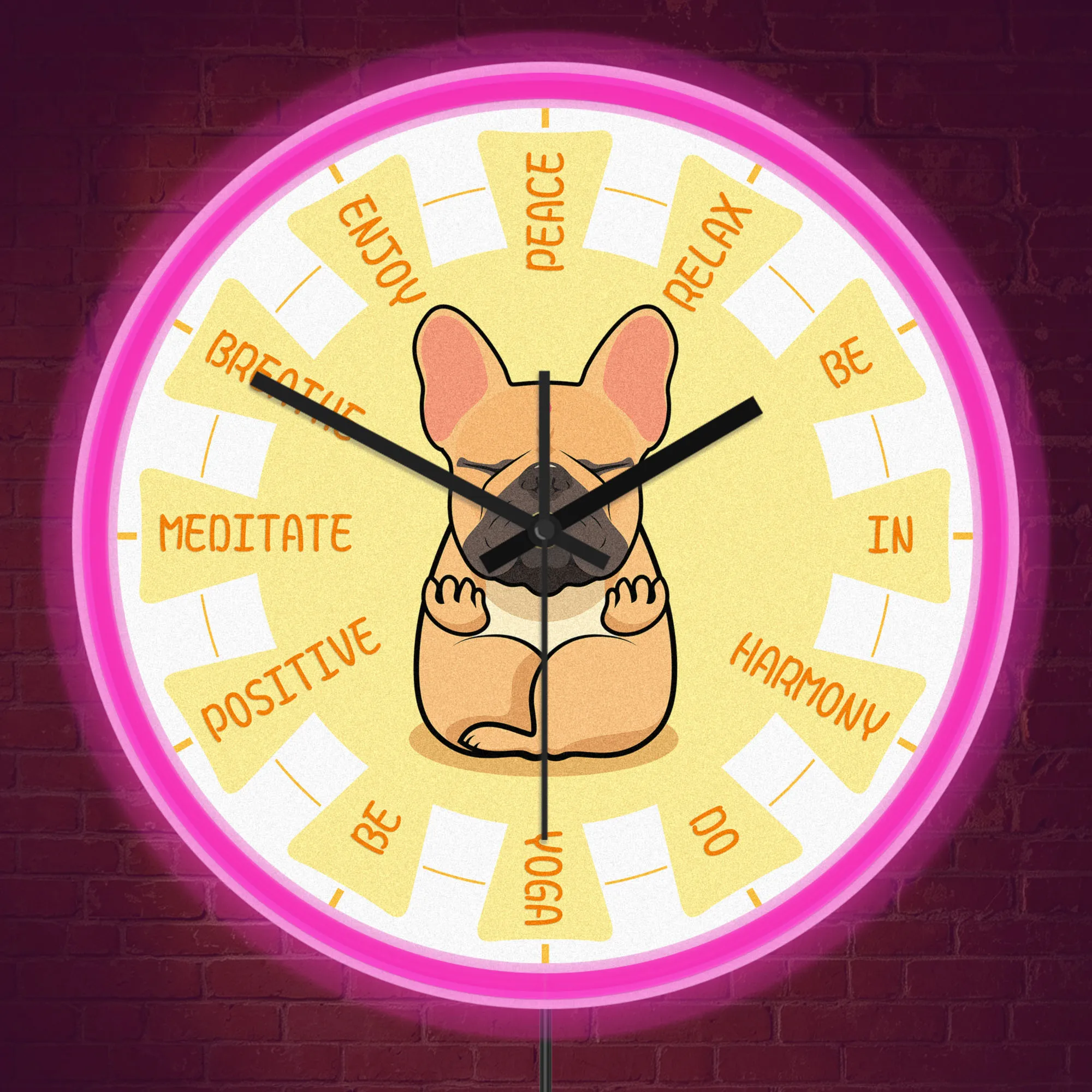 Yoga French Bulldog LED Neon Wall Clock for Yoga Room Positive Vibe Peaceful Dog Home Decor Night Light Wall Clock Glow in Dark