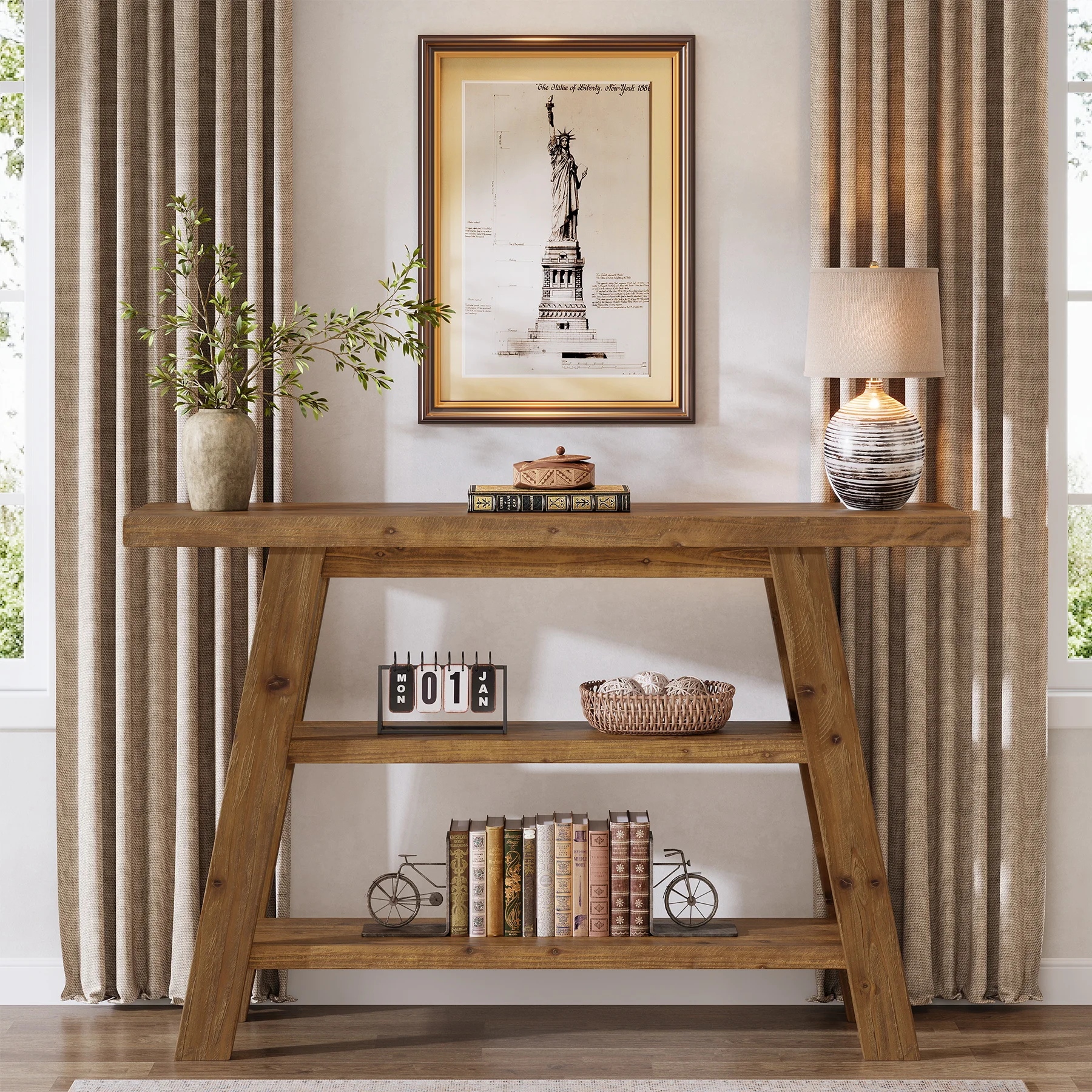 Solid Wood Console Table, 47.24" Farmhouse Narrow Entryway Table with 3-Tier Storage Shelves, Accent Sofa Table for Hallway, Foyer & Living Room (Retro Brown) view 5