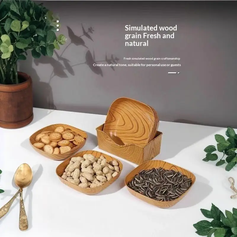 Imitation Wood Grain Plastic Square Plate Multi: Purpose Food Fruit Snack Serving Tray Bone Dish