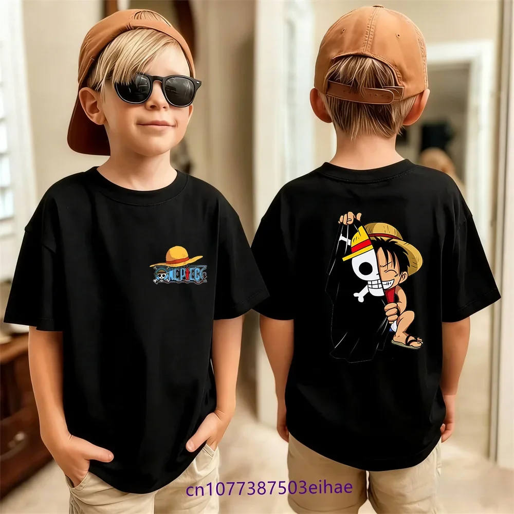 

Футболка One Piece Luffy для мальчиков, коллекция 2026 года, модная летняя повседневная дышащая легкая хлопковая футболка с коротким рукавом и мультяшным принтом