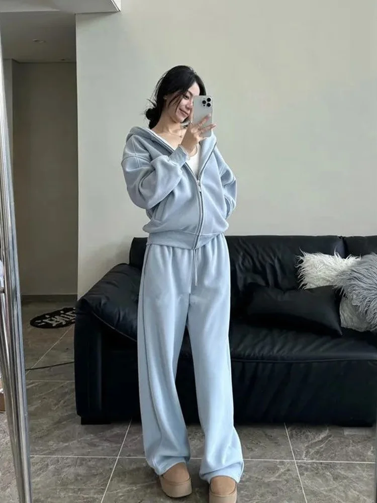 

plus Size Casual Sportswear Set for Women Spring Autumn Hooded Jaet Wide Leg Pants Two Piece Set Simple Color