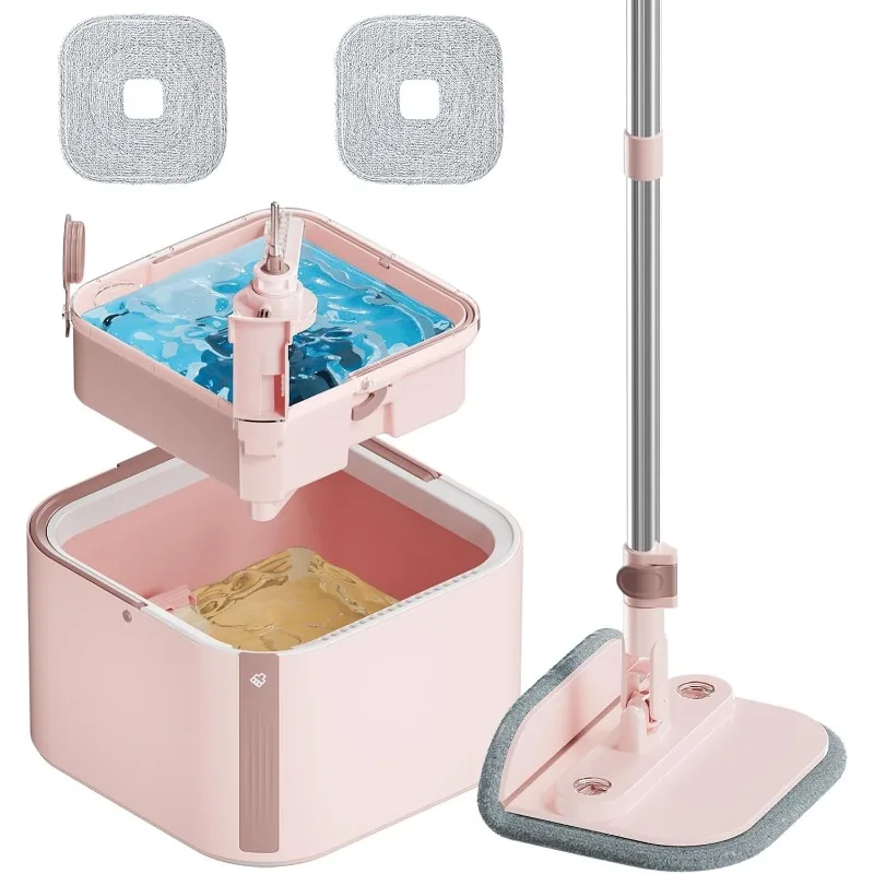 Juego de cubo y fregona giratoria cuadrada con sistema de agua limpia y sucia de autorivaración, autoescurrido 360 ° Cabezal de trapeadores giratorios para