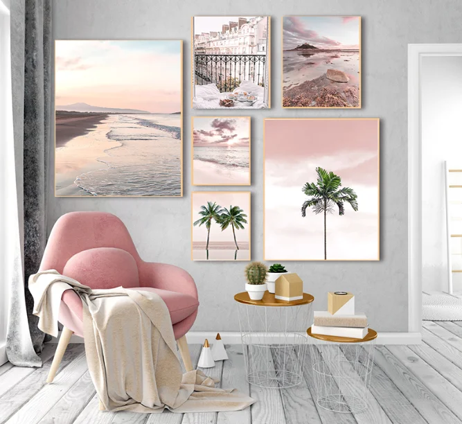 Blonde Girl Surfers Poster Surfboards on Beach Waves Canvas Prints Coconut Tree Dessert Painting Wall Art Picture Decor Sea View