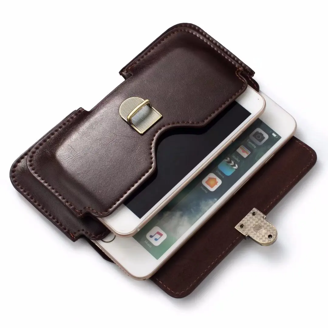 Luxury Buckle Dual Pouch Leather Mobile Phone Belt Clip Holster Case For iPhone Samsung Galaxy Xiaomi Redmi Huawei Men Waist Bag