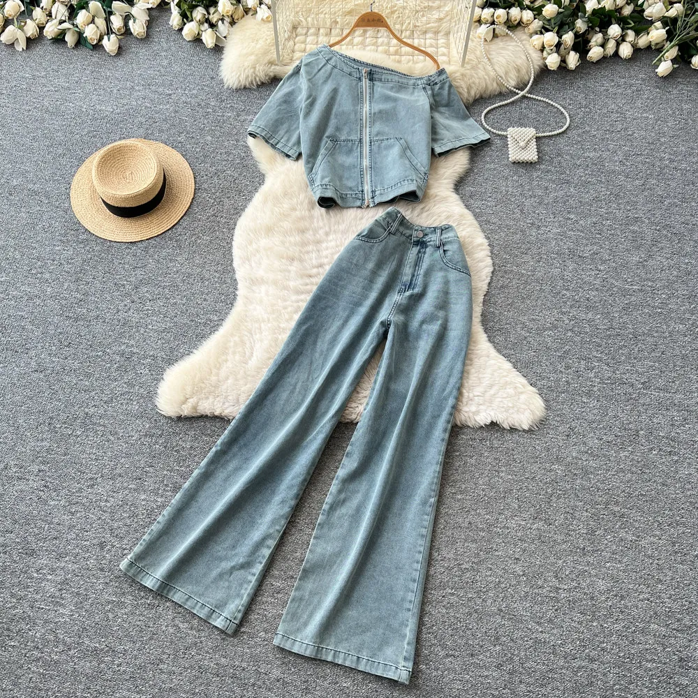 Denim Set For Woman Chic Sexy Denim Two Piece Set Summer Slim Zipper Fitted Tank Top Wide Leg Pants Women Matching Outfit