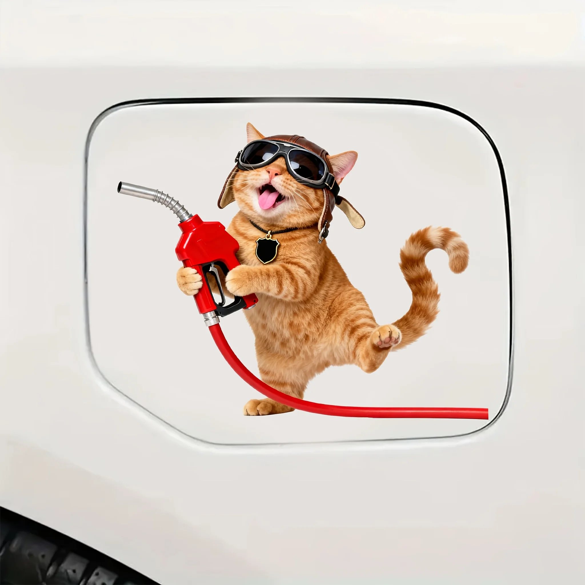 1pc Funny Pilot Orange Cat Fuel Tank Cap Sticker, Cute Cat Holding Gas Nozzle Vinyl Decal for Cars, Waterproof & Removable