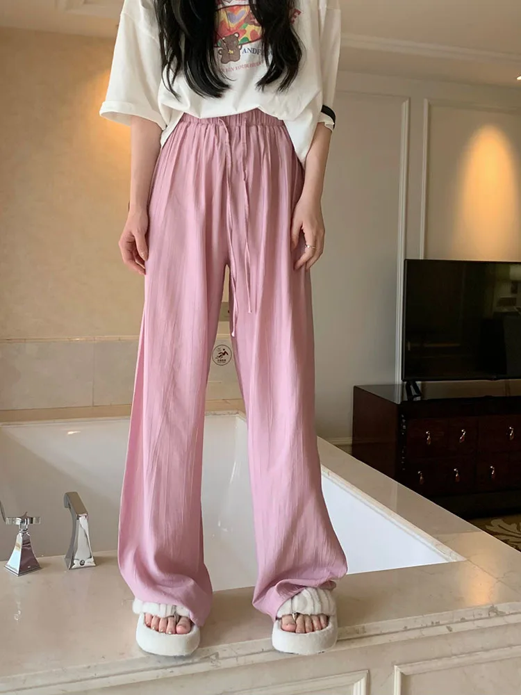 Women Drop Feel Casual Elastic Waist Drawstring Straight Leg Pants 2023 Summer New Loose Wide Leg Pants Floor Length