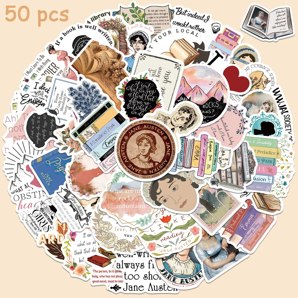 50pcs Novelist jane austen Stickers Aesthetic Graffiti Decals For Laptop Luggage Skateboard Stationery Notebook Cars Stickers