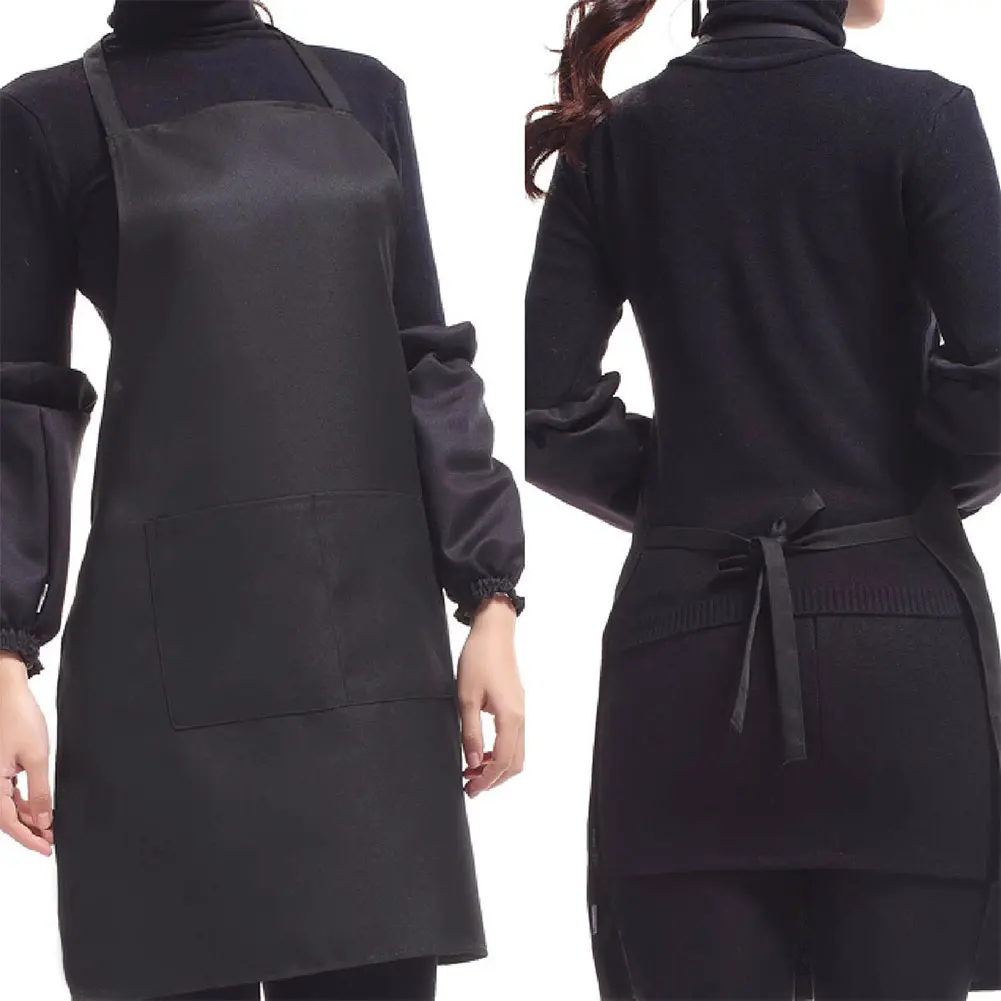 Polyester+ Cotton Blend Sleeveless Apron Black Red Coffee Orange Anti-wear Cooking Kitchen Bib Women Men Aprons With Big Pocket