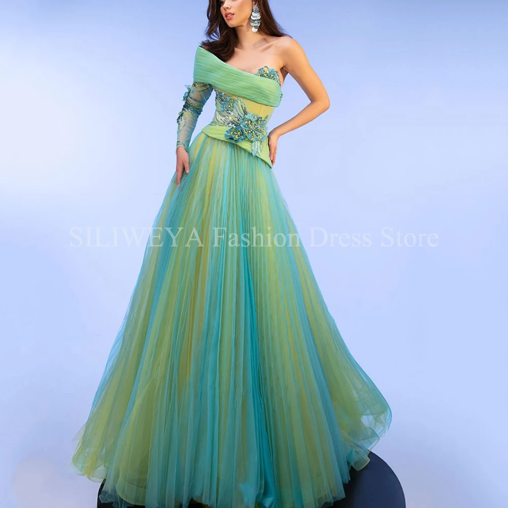 Fashion Evening Dresses Strapless Floor Length A-line Appliques One Shoulder Sleeve Green and Yellow Contrast Women Prom Gowns