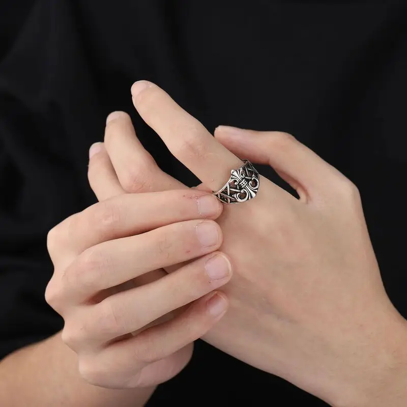 Vintage Hollow Fleur De Lis Stainless Steel Open Ring Retro Gothic Adjustable Men Finger Ring