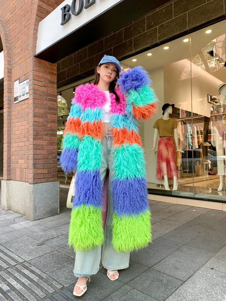 Original Design Female Colourful Faux Fur Coat Lady Contrast Color Shaggy Outerwear Women\'s Long Jacket Factory Direct Sales