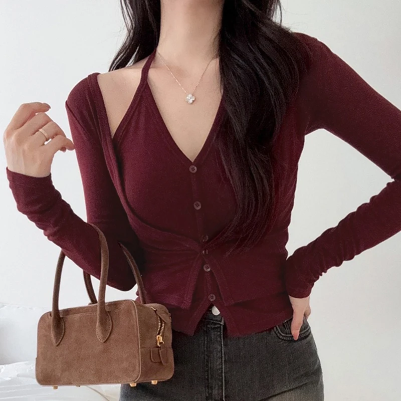 Korean Dongdaemun Halter Neck Long Sleeve T-Shirt Sexy Hottie Slim Fit Versatile Elegant Women's Top Spring New Solid Knit Tees