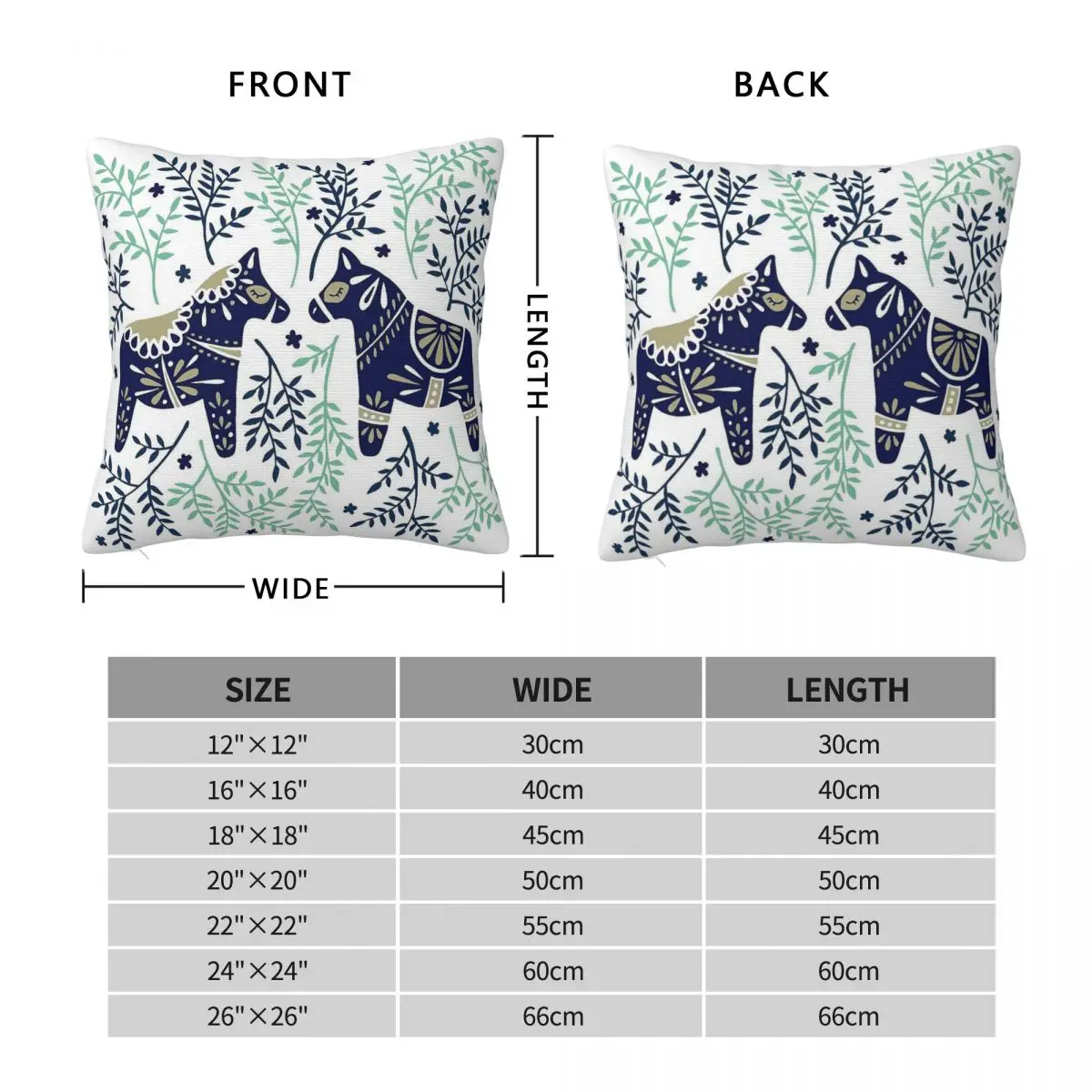 Swedish Dala Horse Navy Mint Square Pillowcase Polyester Linen Velvet Creative Decor Throw Pillow Case Car Cushion Cover 45x45