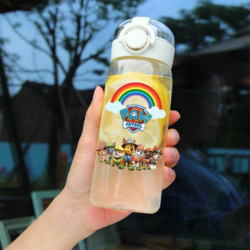 شفاطة شفافة للأطفال باو باترول ، زجاجة ماء بغطاء بوب محمول باليد ، كوب ترفيهي خارجي للكبار مضاد للسقوط والسفر