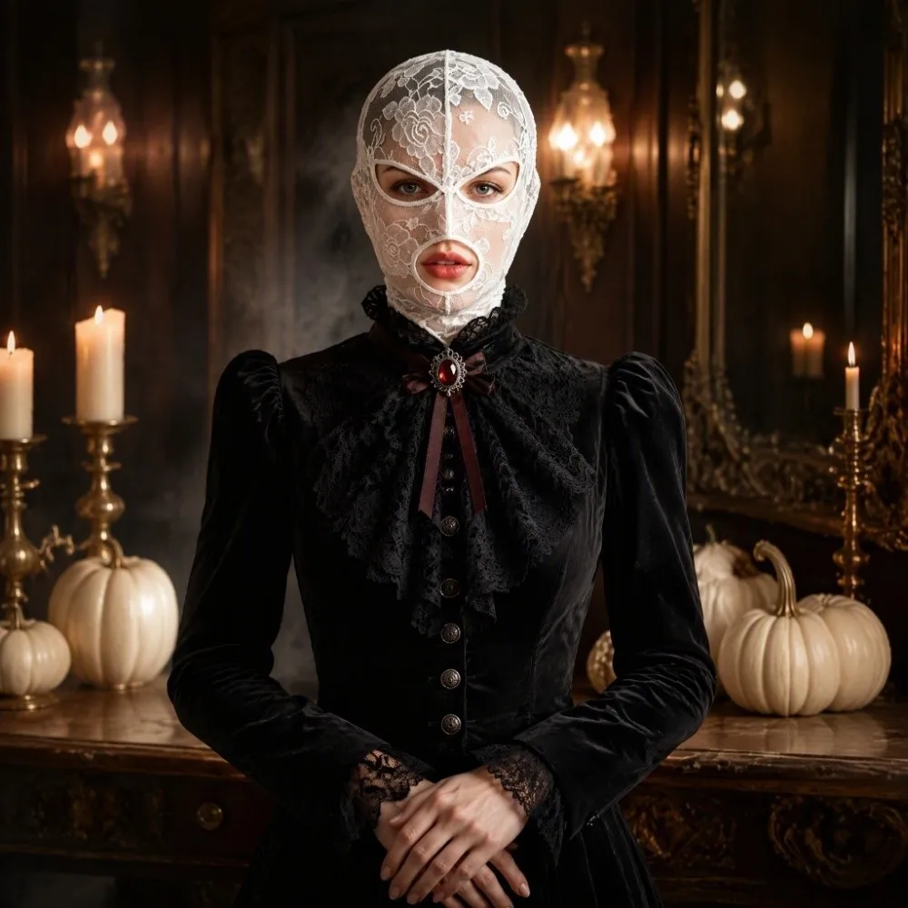 Vintage Halloween Head Cover Quick-dry Breathable Gothic Lace Mask With Eye Mouth Openings Cosplay Unisex Full Face Headgear