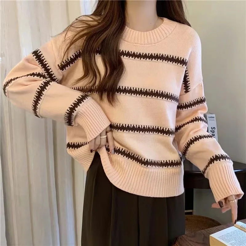 Nuovo autunno inverno maglione a righe da donna o-collo casual allentato manica lunga Pullover donna rosa y2k top maglieria maglioni di tendenza