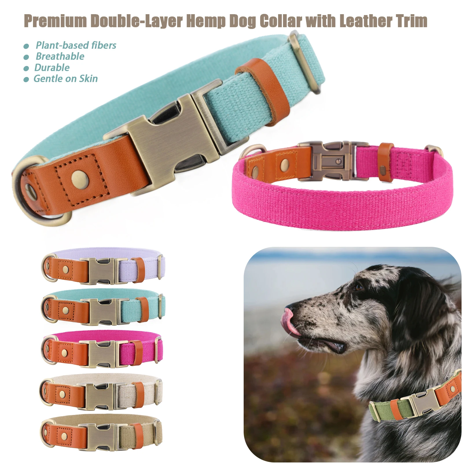 

Dog Collar for Large Dogs Breathable Natual Webbing Leather Trim Heavy Duty Pet Collars with Durable Antique Bronze Metal Buckle