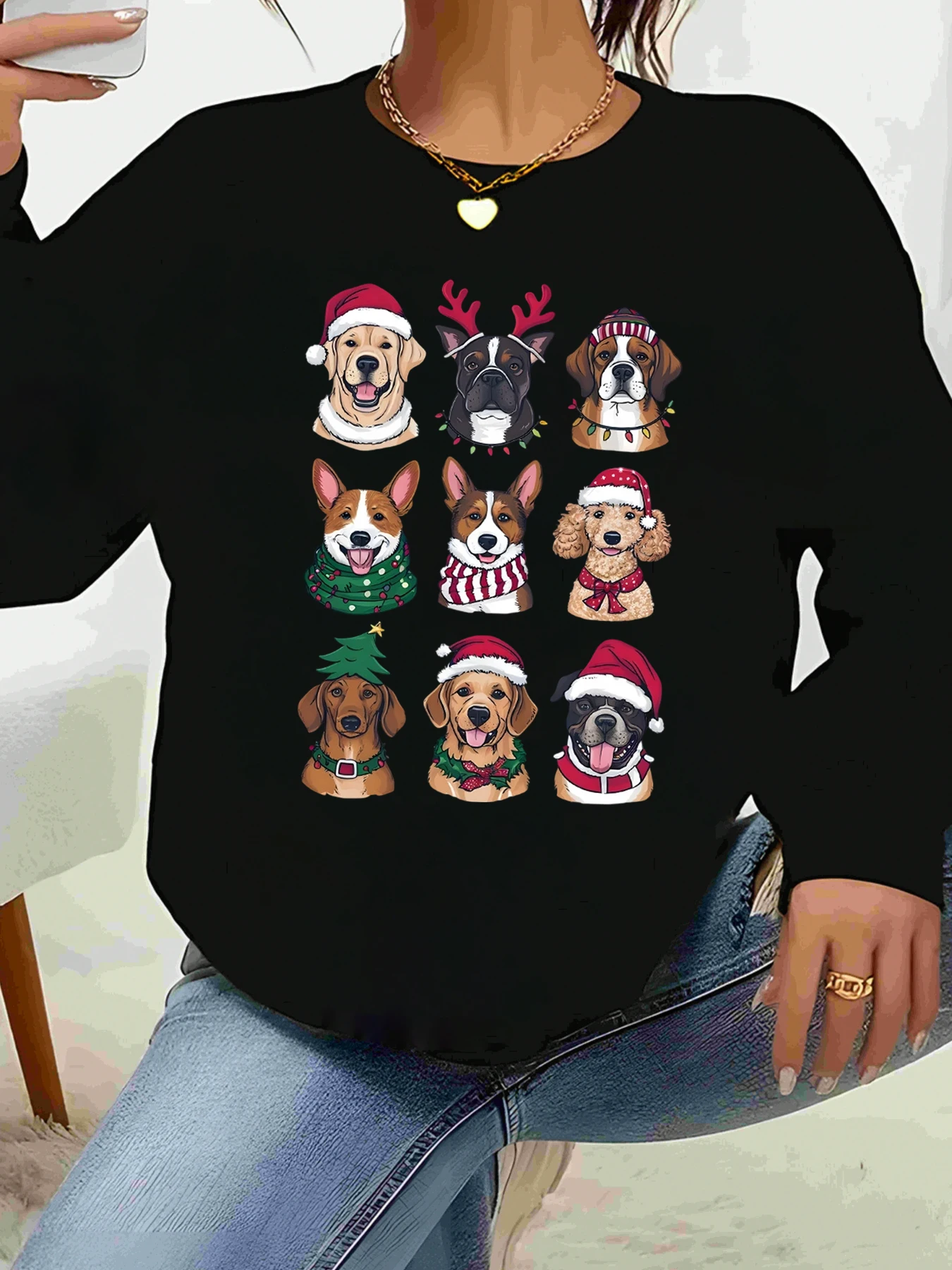 Dog Christmas Print Holiday Sweatshirt Casual Wear Women's Top