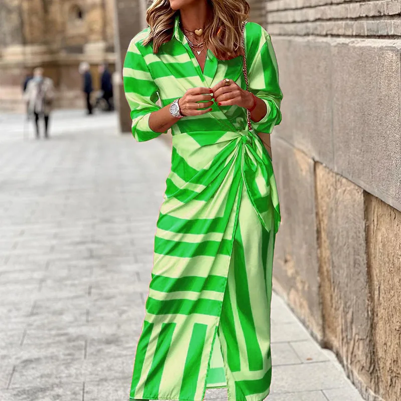 

Women's Long Sleeve High Waist V-Neck Sexy Shirt Style Geometric Pattern Belted Long Dress Summer Fashion Elegant Gown