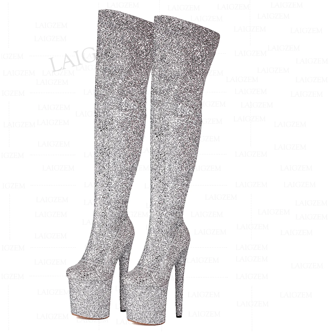 LAIGZEM Women Over High Boots Bling 20CM High Heels Glitter Full Zipper Over Knee Boots Dance Shoes Woman Big Size 33 40 41 43