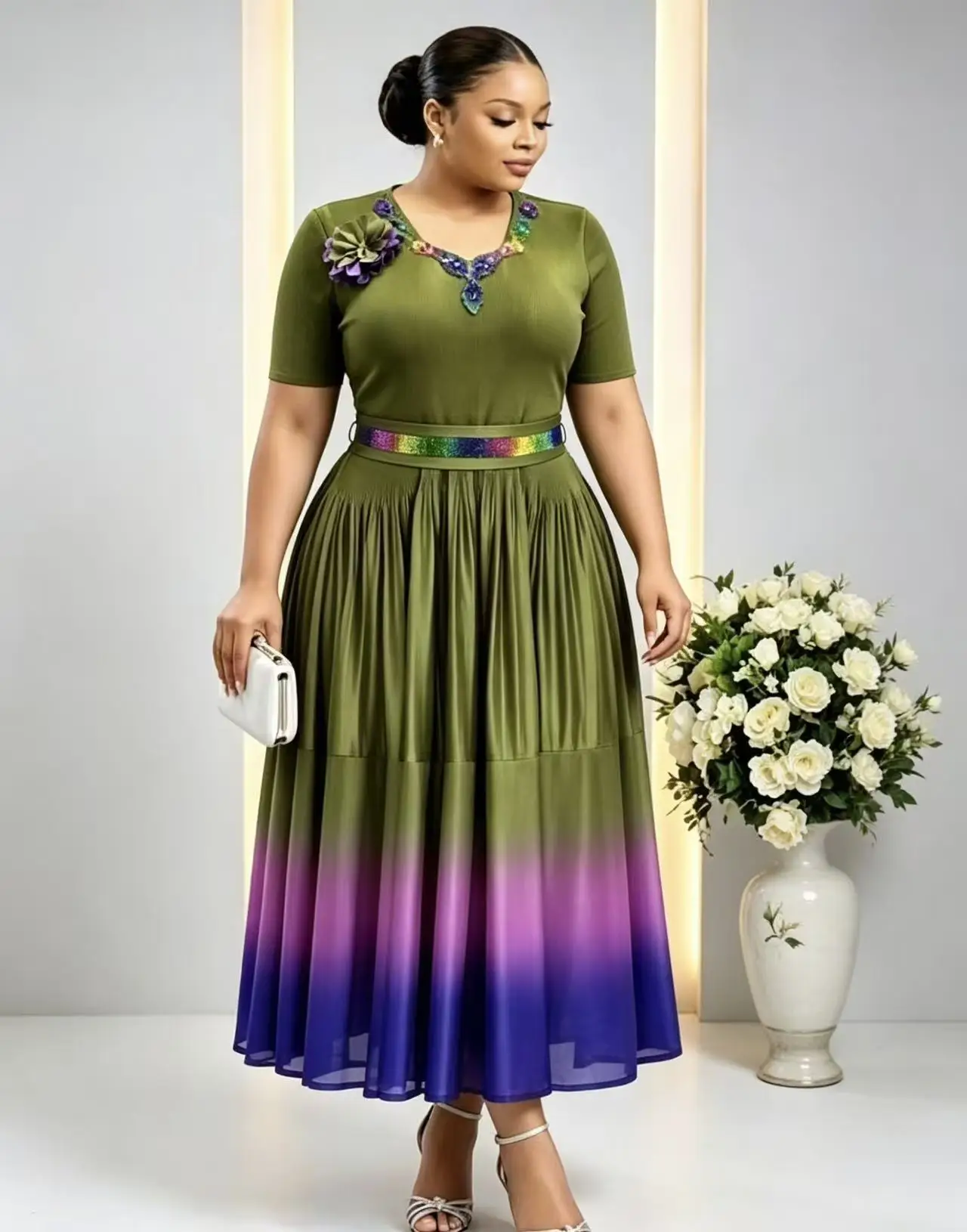 Miyake Summer 2026 New Pleated Gradual Change Color Dress Three-dimensional Flower Loose Short-sleeved Women's Clothing Dress