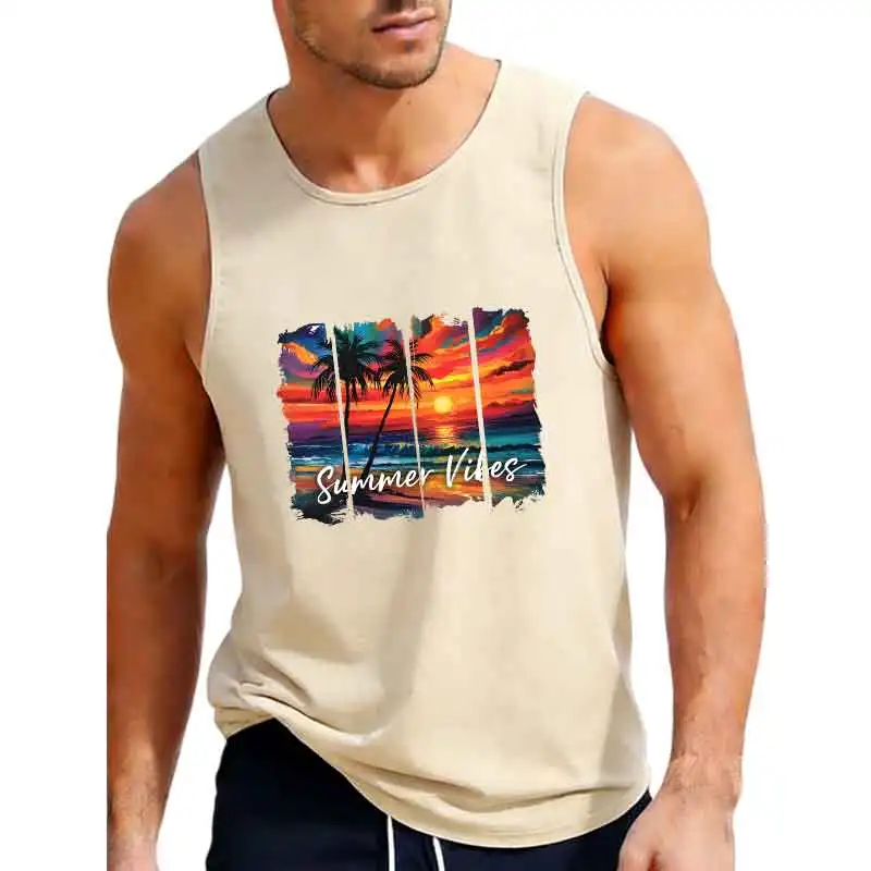 Men's Sleeveless Tank Tops Summer Beach Sunset Palm Tree Graphic T-Shirt Casual Crew Neck Gym Vest For Men