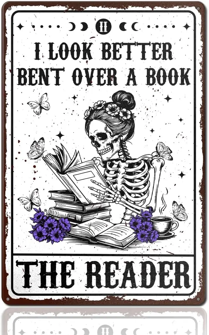 Gothic Book Lover Bookish Home Library Decor Vintage Tin Sign Reading Nook Metal Wall Decor for Home Reading Room Bookshelf Deco