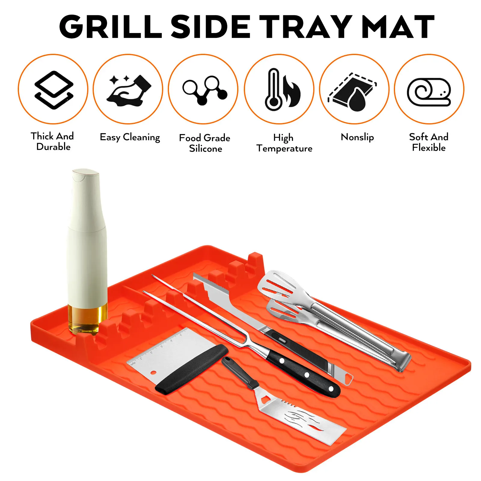 Griddle Tools Mat Silicone Grill Side Table Pad Utensil Rest with Multiple Slots Non-Slip Textured Surface Dishwasher Safe Grill