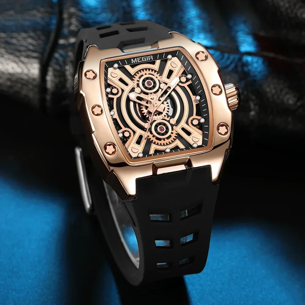 MEGIR 2024 Fashion Luxury Mens Luminous  Analog Quartz Watches Barrel Shape Waterproof Wrist Watch for Men Silicone Strap