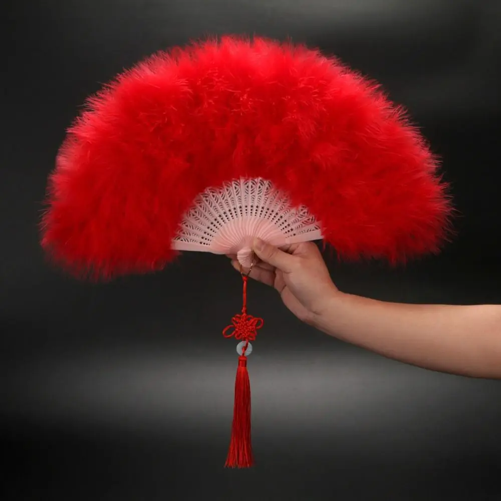 

Chinese Handheld Feather Fan Traditional Colorful Show Dance Fan Elegant with Tassels Wedding Folding Fan
