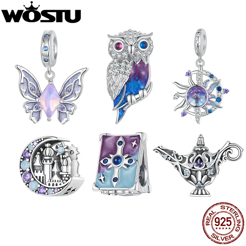 WOSTU 925 Sterling Silver Magic Owl Charms Purple Butterfly Pendant Openable Book Beads Fit DIY Bracelet Necklace Jewelry Making