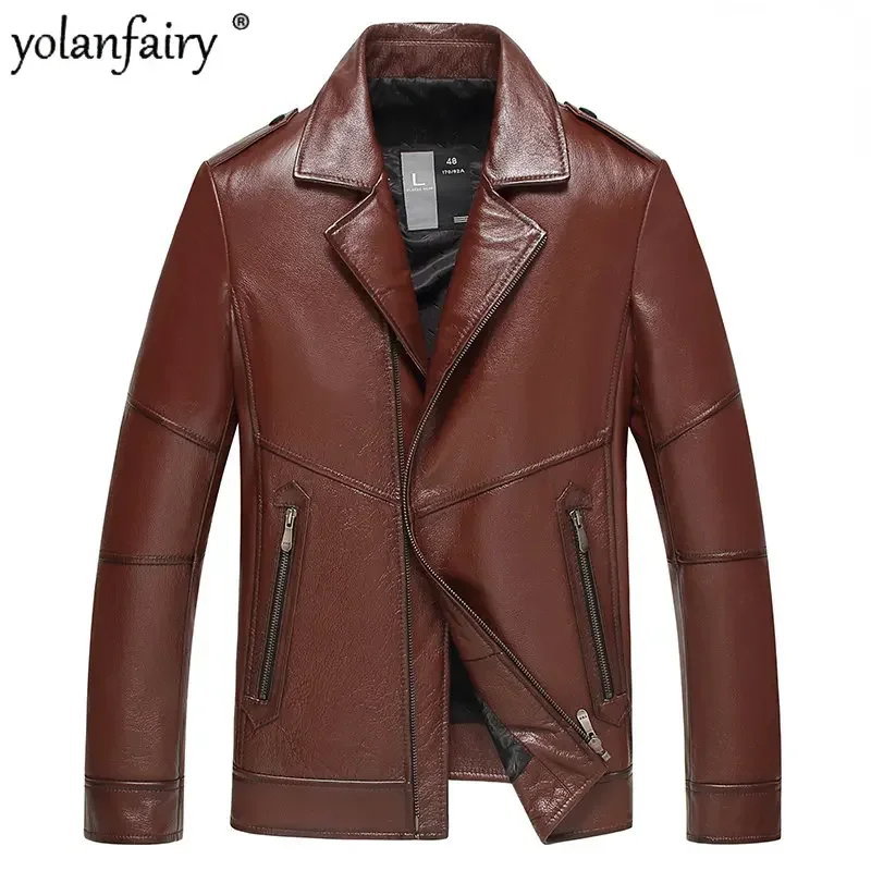 YOLANFAIRY Motorcycle Natural Leather Jacket Men Short Pure Cowhide Fashion Men's Coat Spring Autumn Clothes Veste Cuire Homme